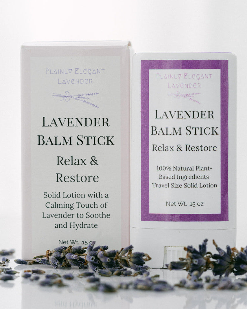 Lavender balm stick packaging with lavender flowers on a white background
