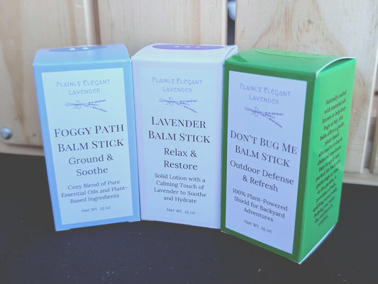 Variety Pack: Foggy Path, Lavender, and Don't Bug Me trio of Balm Sticks - great for chapped skin, vegan
