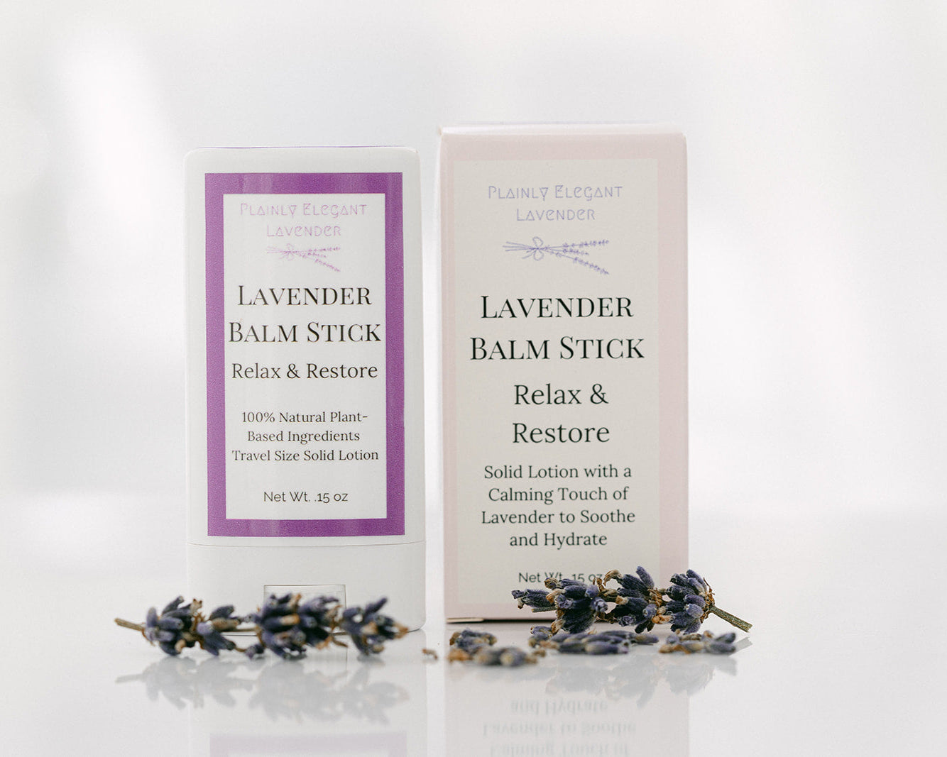 Lavender balm stick packaging with lavender flowers on a white background