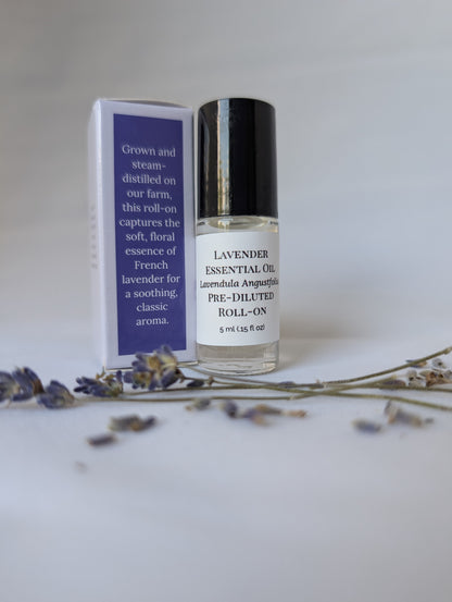 A 5 ml pre-diluted lavender essential oil roll-on bottle and its box. The box describes farm-distilled French lavender for a soothing aroma. Dried lavender sprigs rest nearby.