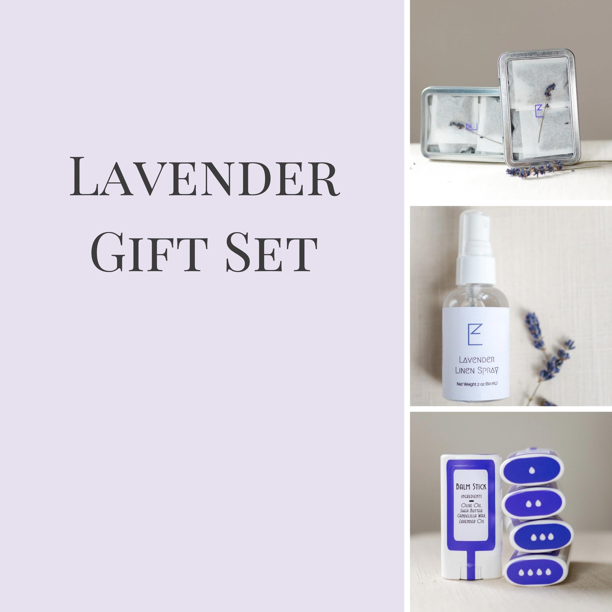 Infuse Lavender Gift Set - scents of lavender including 1 sachet tin, 1 linen/room spray, 1 balm stick (4)