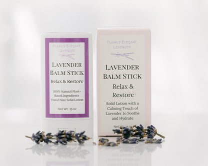 Lavender balm stick packaging with lavender flowers on a white background